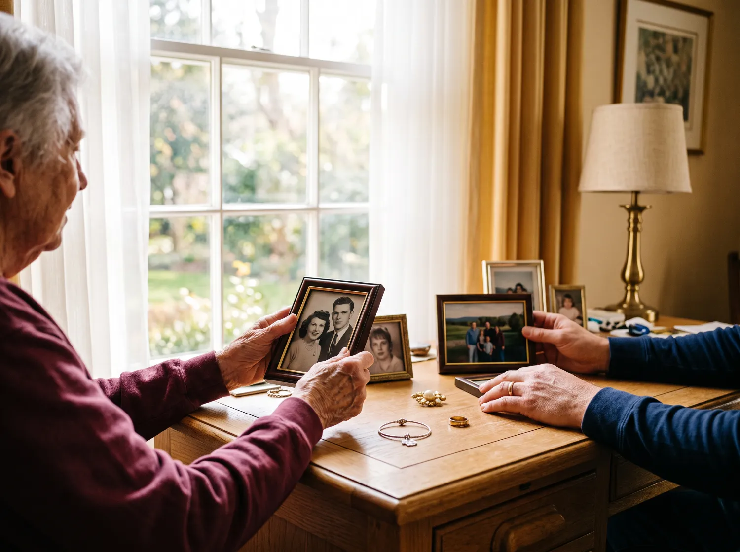 Two pairs of hands sorting framed photographs on a bedroom dresser.