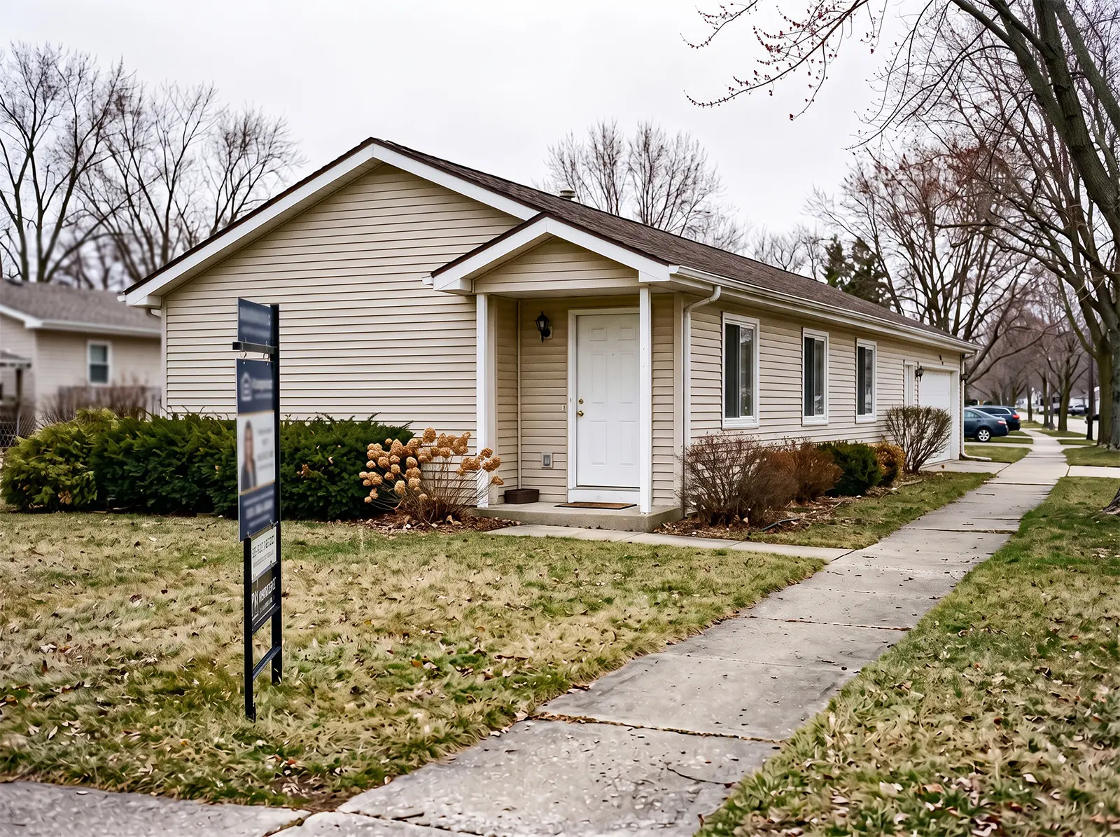 An Omaha house at the end of the afternoon with a sign in the front yard.