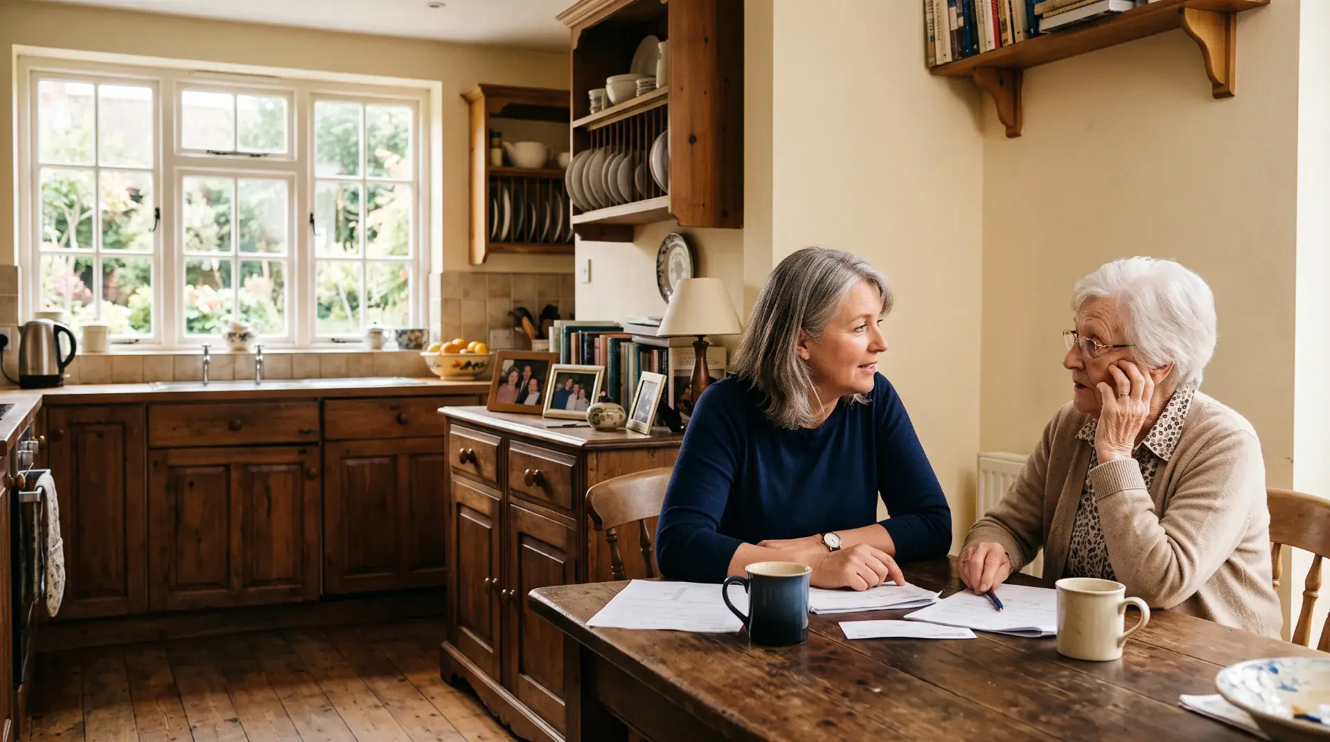 An adult daughter and her mother talking at a kitchen table in afternoon light.